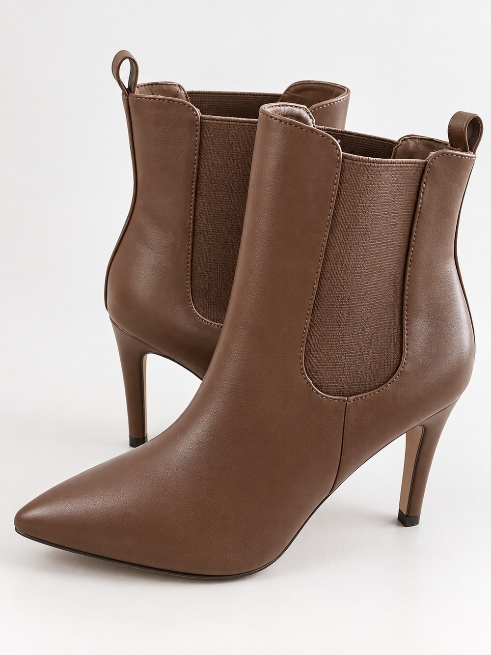 Pointed-Toe Brown Chelsea Heeled Ankle Boots